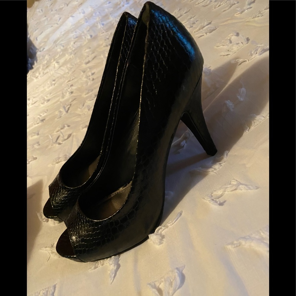 Black snake print open toe heels